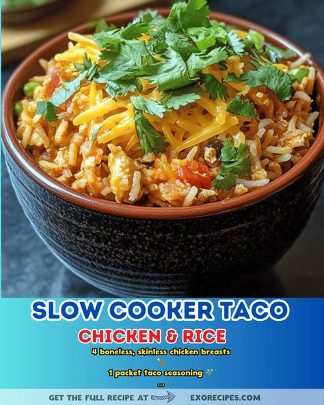 Looking for an easy weeknight dinner idea? Try this delicious Slow Cooker Taco Chicken & Rice recipe! Simply dump all the ingredients in your crockpot and let it do the work for you. This flavorful dish is sure to be a hit with the whole family! #slowcookerrecipes #tacotuesday #chickenandrice #easydinner #familymeal Crockpot Taco Chicken And Rice, Taco Chicken Rice, Chicken Rice Easy, Slow Cooker Taco Chicken, Slow Cooker Chicken Rice, Slow Cooker Taco, Chicken Rice Recipe, Chicken Taco Bowls, Taco Chicken