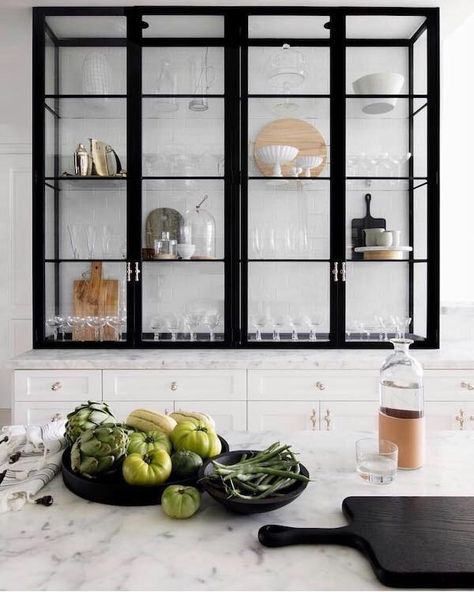 Mashup Monday 5: 22 Inspired Ways To Use Industrial Black Steel and Glass - Slave to DIY Framed Kitchen Cabinets, Glass Kitchen Cabinets, Marble Countertops Kitchen, Decor Ikea, Kitchen Cabinet Doors, Kitchen Trends, Black Cabinets, Kitchen Remodeling Projects, Boho Interior