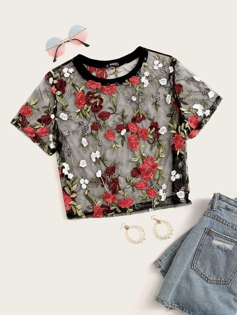 Floral Embroidered Crop Mesh Top | SHEIN USA Sheer Mesh Top, Mesh Tops, Mesh Crop Top, Mesh Blouse, Short Sleeve Cropped Top, Crop Top Blouse, Teen Fashion Outfits, Sheer Fabrics, Plus Size T Shirts