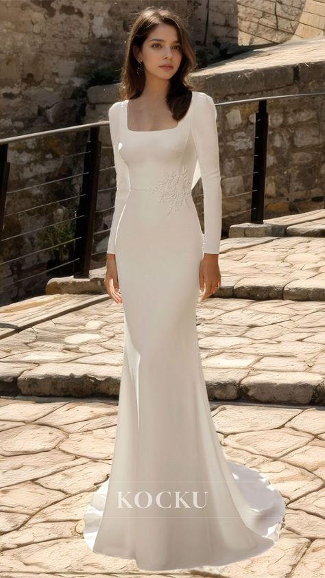 Expertly crafted for the modern bride, this stunning wedding dress features a square neckline, long sleeves, and a mermaid silhouette with a sweeping brush train. Made from luxurious satin and adorned with delicate appliques, this gown exudes elegance and sophistication. Make a statement on your special day with this beautiful bridal dress. White Dress Bride, Chic Wedding Style, Formal Wedding Dress, Wedding Dress Backless, Beautiful Bridal Dresses, Satin Bridal Gowns, Floor Length Wedding Dress, Mother Wedding Dress, Timeless Dress