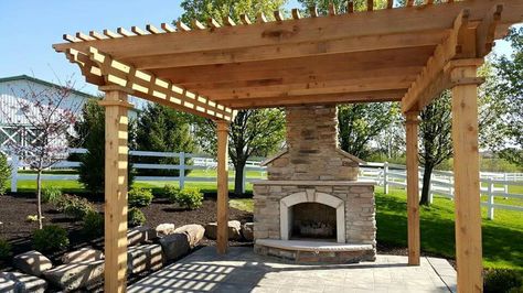 Fireplace & pergola Backyard Pergola With Fireplace, Covered Pergola With Fireplace, Pergola With Chimney, Pergola With Fireplace, Fireplace Pergola, Hot Tub Pergola, Fire Pit Plans, Shady Garden, Outdoor Fire Pit Designs