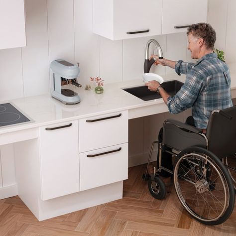 Wheelchair Accessible Kitchen Appliances for Easy Meals Wheelchair Accessible Kitchen, Wheelchair House, Rehabilitation Center Architecture, Laundry Room Appliances, Accessibility Design, Accessible House, Accessible Kitchen, Wheelchair Friendly, Built In Microwave