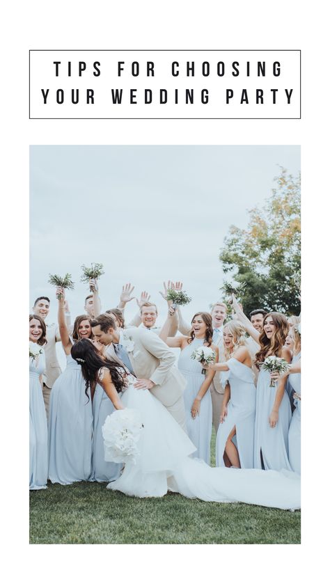 Bride and groom kiss in front of wedding party in pale blue dresses and tan suits Uneven Bridal Party, Minnesota Wedding, Planning Process, Bridal Party, Minnesota, Make Your Day, Wedding Planning, Wedding Party, The One