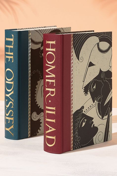 Beautiful collector's editions of Homer's The Iliad and The Odyssey are available at The Folio Society. Quarter-bound in buckram, translated by Robert Fagles and featuring colour illustrations by Grahame Baker-Smith, these are hardback books to treasure. The Iliad, Author Event, Book Cover Design Inspiration, Traditional Books, Folio Society, The Odyssey, Book Spine, Cool Books, Book Binding