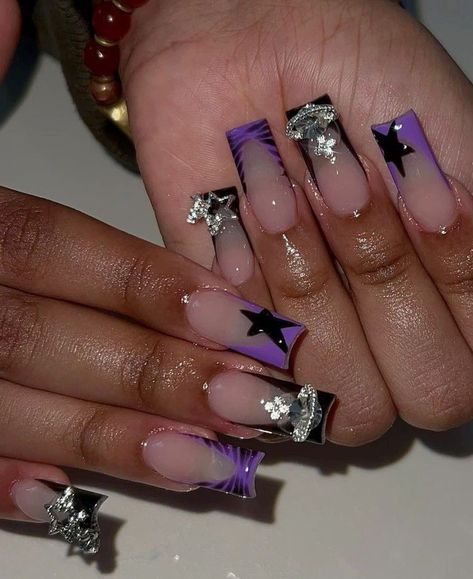 Purple Prom Nails Short, Short Nail Sets, Junk Nails, Purple Acrylic Nails, Hard Nails, Purple Nail Designs, Colored Acrylic Nails, Nails Design With Rhinestones, French Tip Acrylic Nails