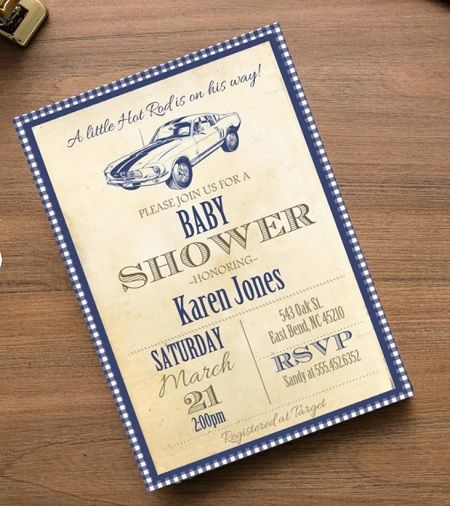 Racing Car Baby Shower Ideas – Baby Shower Ideas 4U Racing Baby, Mustang Car, Grey Baby Shower, Wishes For Baby Cards, Vintage Baby Shower, Car Theme, Classic Mustang, Baby Shower Invite, Wishes For Baby