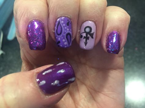 Prince Tribute Nails by Lindsey Olson. Prince Nails Art Designs, Prince Nails Purple Rain, Purple Rain Nails, Prince Nails, Rain Nails, Nail Polish Purple, Purple Gel Nails, Prince Purple, Prince Party