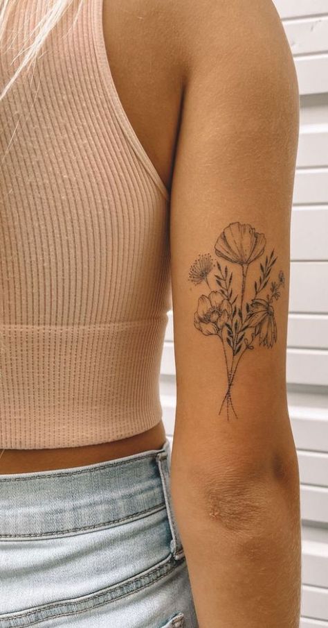 Birth Flower Back Of Arm, Birth Flower Tattoos Bicep, Back Of Arm Birth Flower Tattoo, Back Arm Flower Tattoo Women, Woman Arm Flower Tattoo, Birth Flowers Arm Tattoo, Flower Tattoo On Tricep, Tattoo Flower Designs For Women, Outer Arm Flower Tattoo