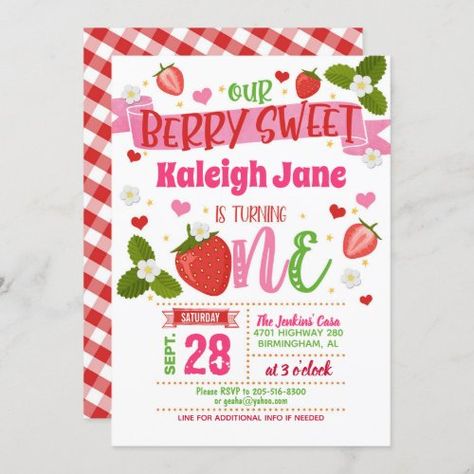 $2.90 | Strawberry First Birthday Invitation - ONE #strawberry birthday invitation, strawberry birthday invite, strawberry birthday party, strawberry first birthday invitation, strawberry first birthday invite, strawberry first birthday party, strawberry invitation, strawberry invite, strawberry party, berry sweet first birthday Baby First Birthday Themes, First Birthday Favors, First Birthday Games, Bday Invitations, Strawberry Party, First Birthday Party Themes, First Birthday Decorations, First Birthday Gifts, Birthday Games