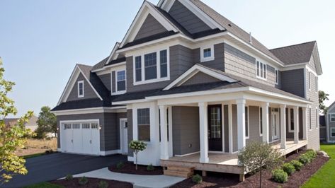 Gauntlet Gray and Pure White by Sherwin Williams Gauntlet Gray Exterior, House Paint Exterior Grey, Exterior Paint Sherwin Williams, Best Exterior House Paint, Exterior Paint Schemes, Gauntlet Gray, Gray Exterior, Best Exterior Paint, Farmhouse Exterior Design