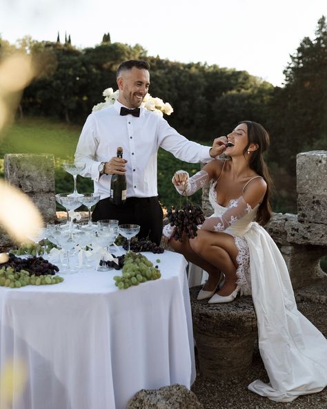 Ayeesha & Hamish celebrated their wedding at Castello di Badia in Tuscany, Italy 🏰🇮🇹. Such a beautifully curated day with their nearest & dearest — from champagne towers, to a classic red Italian car, to baby blue details and an unforgettable Haka (a cultural Māori dance) at the evening reception 🤍 Photographer @amali.studios Second photographer @todorovstudios Venue @castellodibadia Video @d.mack Dress custom @lizmitchellnz Hair & MUA @by_brit Rings @deananddust Florals @bianchi_fior... Champagne Towers, Dancing Wedding, Evening Reception, Champagne Tower, Tuscan Wedding, Tuscany Wedding, Fun Shots, Violinist, Wedding Mood Board