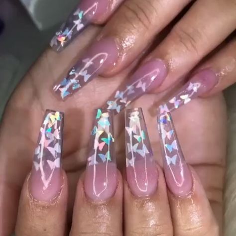 Baddie Nails With Initials, Butterfly Nails Pink, Sequin Nails, Butterfly Change, Nails And Makeup, Sparkle Butterfly, Nails Butterfly, Holographic Butterfly, Bad Nails