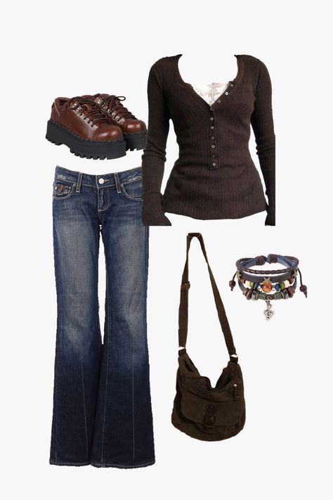 brown outfit lowrise flared jeans downtown girl aesthetic Twilight Outfits, 00s Mode, 2000s Outfit, Outfits 2000s, Downtown Outfits, Chique Outfits, Bella Swan, Bag Essentials, 2000s Fashion Outfits