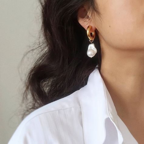 Pearl Pendant Earrings, Large Pearl Earrings, Pearl Drop Earrings Gold, Mermaid Earrings, Chunky Hoop Earrings, Baroque Pearl Earrings, Gold Pearl Earrings, Stylish Earring, Pearl Hoop Earrings