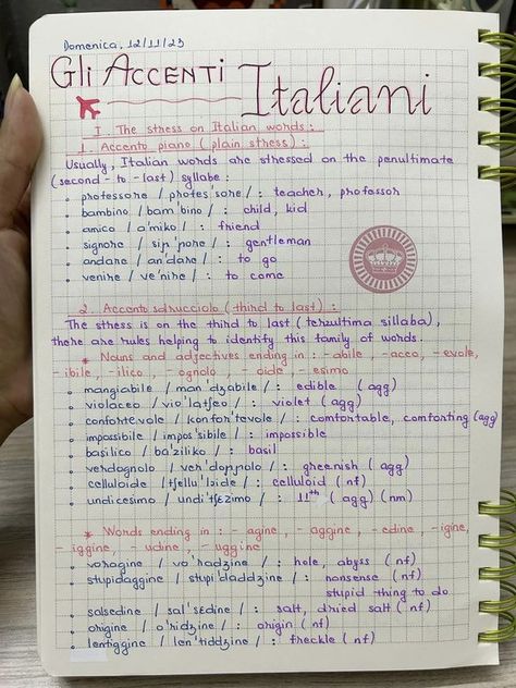 Daily Italian Words - Learn Italian Words & Phrases With Us! | My lesson of the day: Gli accenti italiani | Facebook Language Notes Aesthetic Italian, Italian Language Notes, Learning Italian Notes, Italian Notes Aesthetic, Italian Handwriting, Italian Words Aesthetic, Italian Language Aesthetic, Italian Notes, Lesson Of The Day