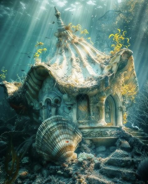 Sea Castle Aesthetic, Ocean Faerie, Water Fantasy World, Fantasy Water Kingdom, Mermaid House Underwater, Merfolk Aesthetic, Underwater Village, Rhea Goddess, Underwater Fairy