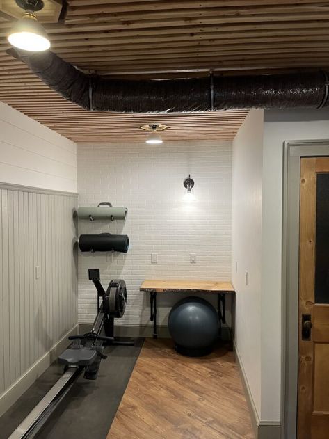 Removable Basement Ceiling Idea » Tree Farm Design Co. Cheap Basement Gym Ideas, Industrial Basement Lighting, Dark Ceiling Light Walls Basement, Industrial Basement Ceiling, Removable Basement Ceiling, Ceiling Panels Ideas Basement, Basement Gym Lighting Ideas, Accessible Basement Ceiling Ideas, Cover Basement Ceiling