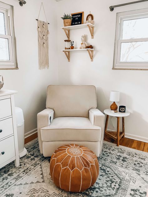 This neutral boho nursery is a simple and clean nursery for baby girl that is peaceful and soothing. With bohemian and modern touches, this room is perfect for any baby and mama. This neutral recliner and glider chair is affordable and the leather poof adds a warm tone. This post contains links to all the furniture and decor! Use this for ideas for your own nursery. #boho #nursery #neutral #boy #girl #decor #ideas #baby #simple #clean #white Boho Nursery Chair, Leather Nursery Chair, Neutral Recliner, Boho Recliner, Baby Nurseys, Leather Nursery, Mario Nursery, Breastfeeding Station, Leather Poof