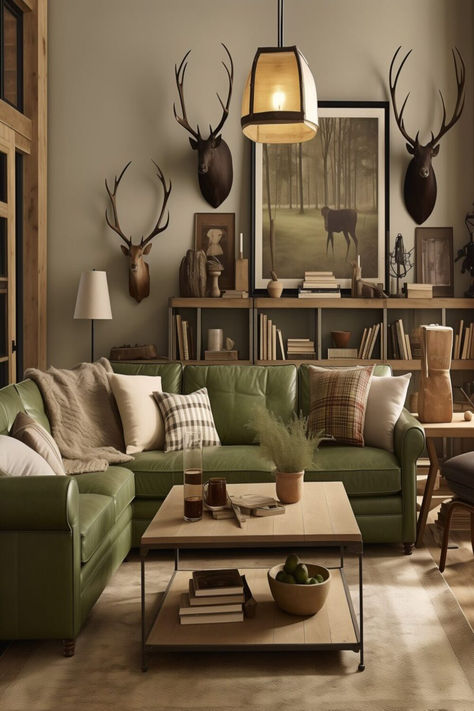 A rustic living room with a luxurious olive green sofa, antler wall decor, and a vintage countryside feel. Green Living Room Brown Sofa, Olive Green Sectional Living Rooms, Olive Green And Brown Living Room, Olive Living Room Decor, Green Rustic Living Room, Olive Green Couch Living Room, Living Room Brown Couch Color Schemes, Rustic Green Living Room, Olive Green Sofa Living Room