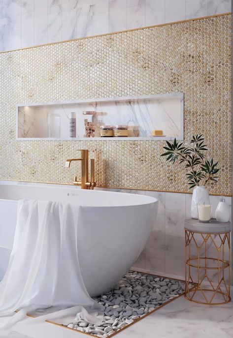 Modern and luxury meet in this white and gold bathroom design with glossy gold metallic penny round glass tile backsplash to accent the slipper tub and metallic fixtures Gold Bad, Gold Bathroom Decor, Penny Round Mosaic, Interior Design Minimalist, Gold Tile, Penny Tile, Bad Inspiration, Tile Trends, Bathroom Top