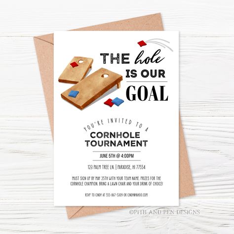 Printable Cornhole Party Invitation, Tournament Invite, Instant Download, https://etsy.me/3nLId0R #summer #emailinvitation #electronicinvite #digitalbbqinvite #digitalinvitation #summertimeparty #cornholeparty #cornholetournament #theholeisthegoal #housewarming Cornhole Party, Cornhole Tournament, Rush Outfits, Pen Design, Label Paper, Change Background, Office Max, Print Store, Web Browser