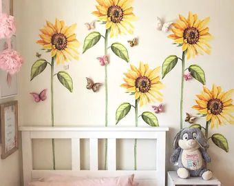 Sunflower Wall Stickers, Sunflower Wall Decals, Sunflower Baby Nursery, Baby Room Wall Decals, Unique Kid Rooms, Sunflower Room, Sunflower Nursery, Nursery Wall Painting, Bedroom Board