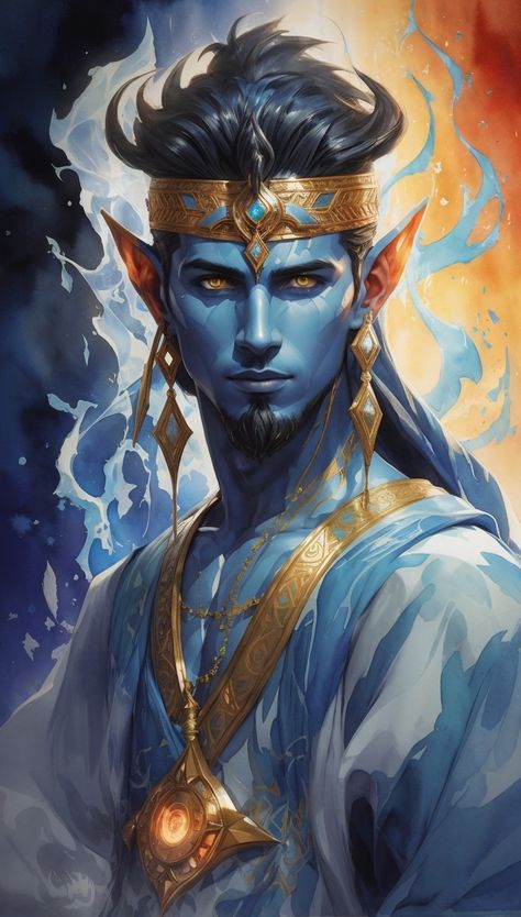 A Djinn is a blue-skinned magical being with pointed ears, masculine, sharp focus Djinni Dnd, Water Elemental Male, Male Genie Art, Blue Skin Character Design, Air Genasi Male, Water Genasi Male, Djinn Art, Ifrit Djinn, Air Genasi