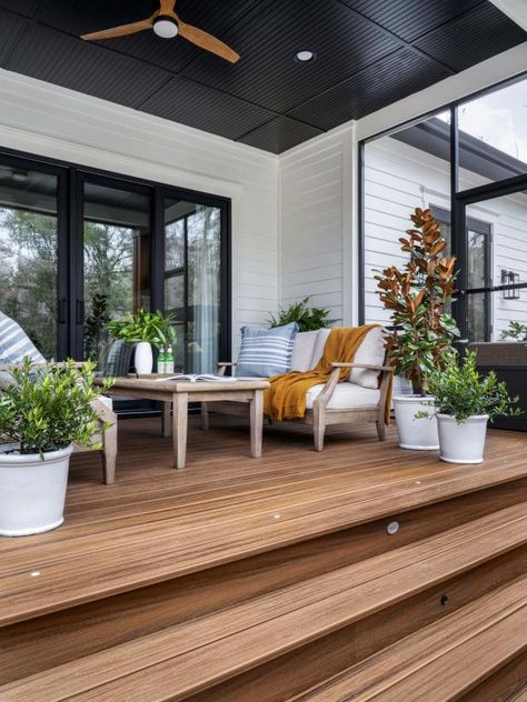 Adding Deck To Back Of House, Modern Farmhouse Deck, Hgtv Smart Home 2022, Modern Front Porches, Yard Remodel, Curb Appeal Landscape, Deck Seating, Moore House, Deck Pictures