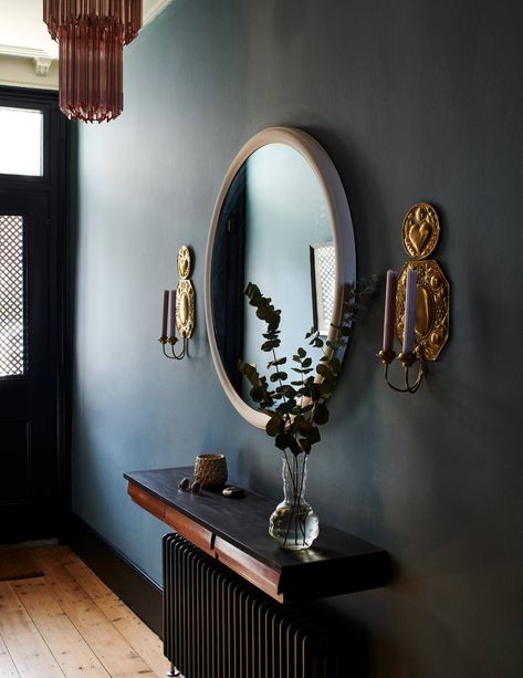 Classic Hallway, London Terrace House, Bright Paint Colors, Oval Room Blue, Dark Hallway, Grand Hall, Hallway Design, Farrow And Ball Paint, Bright Paintings