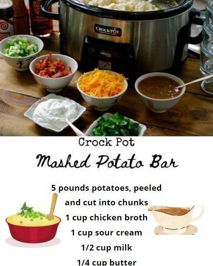 Recipes Smile - Crock Pot Mashed Potato Bar Ingredients: 5... Mashed Potato Bar, Crockpot Mashed Potatoes, Potato Bar, Mashed Potato, Bars Recipes, Crock Pot, Slow Cooker Recipes, Crockpot Recipes, Pot Recipes