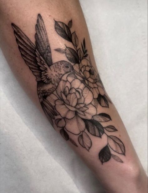 Floral Half Sleeve Tattoo Hummingbirds, Half Sleeve With Hummingbird, Hummingbird With Chrysanthemum Tattoo, Poppy Flower And Hummingbird Tattoo, Marigold Hummingbird Tattoo, Flowers Hummingbird Tattoo, Humming Bird Sleeve Tattoos For Women, Floral Sleeve With Hummingbird, Sideways Forearm Tattoo