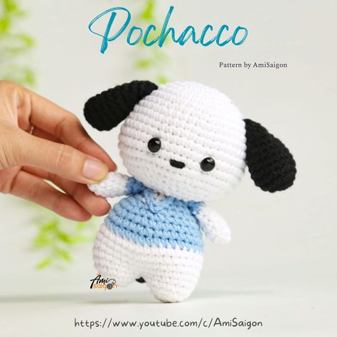 Pochacco Crochet Pattern Free, Crochet Pochacco Free Pattern, Pochacco Crochet Pattern, Crochet Pochacco, Super Cute Crochet, Crochet Keychain Pattern, Crochet Design Pattern, Learn How To Crochet, Amigurumi Free Pattern