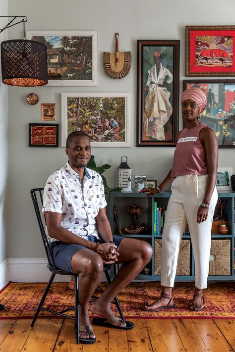 In a gallery-like corner of their dining room, Portlanders Jean-Raymond “Gino” Desruisseaux and Marcelle Medford cultivate a Caribbean influence. Harlem Apartment Decor, Caribbean Apartment Decor, Afrocentric Gallery Wall, Haitian Home Decor, Gallery Home Design, African Gallery Wall, Afro Boho Dining Room, Caribbean Living Room Decor, African Inspired Interior Design