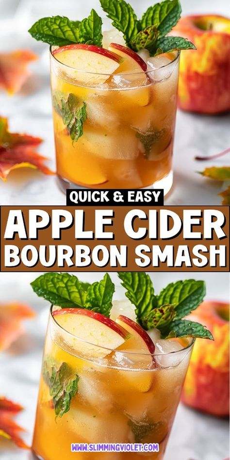 Apple Cider Bourbon Smash is a bold and refreshing autumn alcoholic drink. Ideal for a Thanksgiving party, this cocktail blends the rich flavors of bourbon with the crisp taste of apple cider. Save this pin for a smashing good time! Apple Crisp Alcoholic Drink, Drinks Using Apple Cider, Harvest Drinks Alcohol, Apple Cider And Bourbon Punch, Maple Bourbon Apple Cider, Cider Champagne Cocktail, Apple Infused Bourbon, Best Cider Recipe, Apple Cider Whiskey Smash