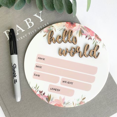 Acrylic Birth Announcement, Diy Birth Announcement, Wooden Memory Box, Diy Nursery Decor, Birth Announcement Girl, Chalk Markers, Hello World, Baby Scrapbook, Eucalyptus Leaves