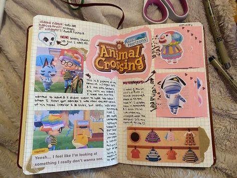 Animal Crossing Scrapbook, Animal Journal Ideas, Animal Crossing Journal Ideas, Animal Crossing Themes, Animal Crossing School, Animal Crossing Bullet Journal, Animal Crossing Journal, Acnh Journal, Animal Crossing Diy