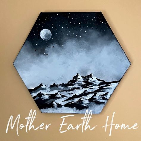 Acrylic Painting - Smoky Mountains Black & White Landscape with Moon and Stars Hexagon Canvas Painting Ideas, Landscape With Moon, Black White Landscape, Hexagon Canvas, White Landscape, Black And White Landscape, Moon And Stars, Hexagon Shape, Smoky Mountains