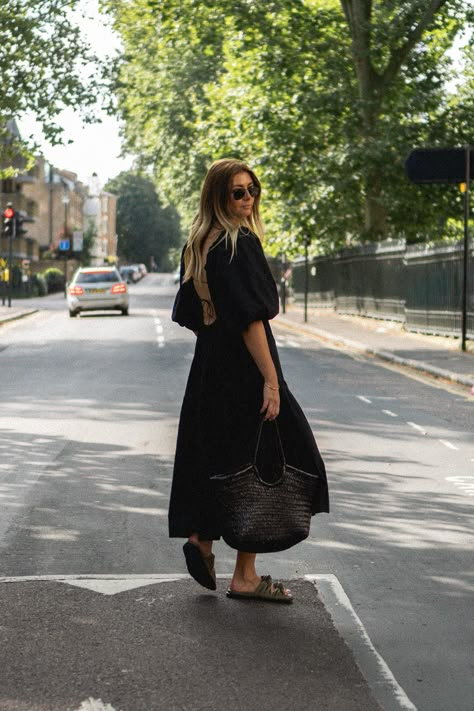 Emma Hill wears black puff sleeve KC The Brand lace up back Summer dress, Dear Frances Tye slides Dragon Diffusion Bag Outfit, Oversized Black Dress, Midi Dress Outfit Summer, Black Puff Sleeve Dress, Bag Styling, Portugal Summer, Emma Hill, Dragon Diffusion, Midi Dress Outfit