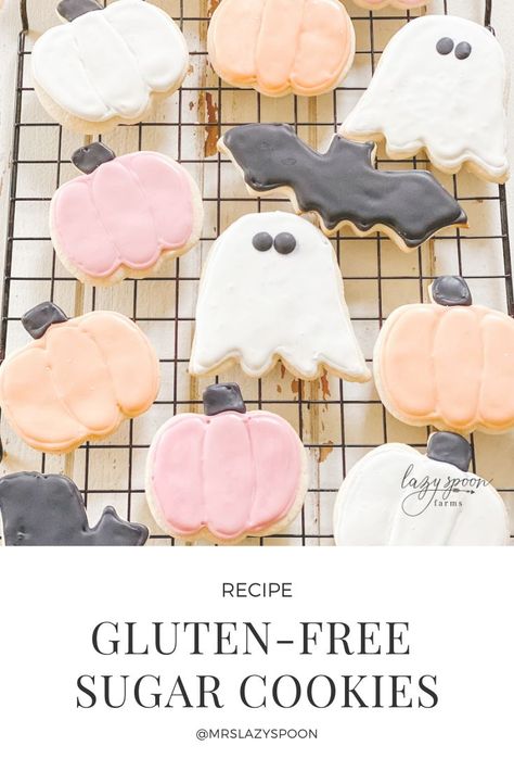 Gf Sugar Cookies Recipe, Gluten Free Cut Out Cookies Easy, Sugar Cookie Gluten Free Recipe, Gluten Free Icing For Cookies, How To Make Gluten Free Cookies, Gluten Free Dairy Free Sugar Cookie Recipe, Halloween Baking Gluten Free, Gluten Free Sugar Cookie Icing, Gluten Free Royal Icing Cookies