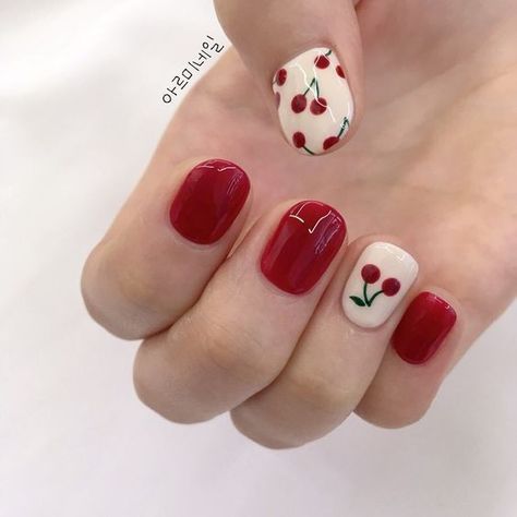 Floral Tip Nails, Beginner Gel Nail Art, Nails Cherries, Cherry Nails Designs, Nail Cherry, Nails Cherry, Cherry Nail Art, Nail Art Designs For Beginners, Nail 2023