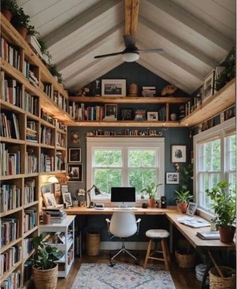 Art Studio And Reading Room, Library Room At Home, Tiny House Library Ideas, Cozy Office Library, Art Studio Library, Small She Shed Interiors Decor, Library Shed Backyards, She Shed Book Nook, Craft Room Library Combo