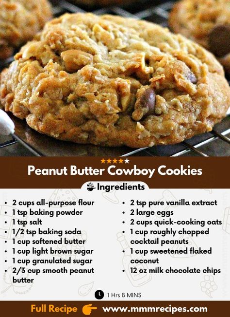 MmmRecipes - 👉 These Peanut Butter Cowboy Cookies truly... Best Cowboy Cookies, Cowboy Cookies Recipe, Cowboy Cookie Recipe, Mom Breakfast, Cowboy Cookies, Bite Size Cookies, Cookie Recipes Homemade, Coconut Cookies, Coconut Recipes