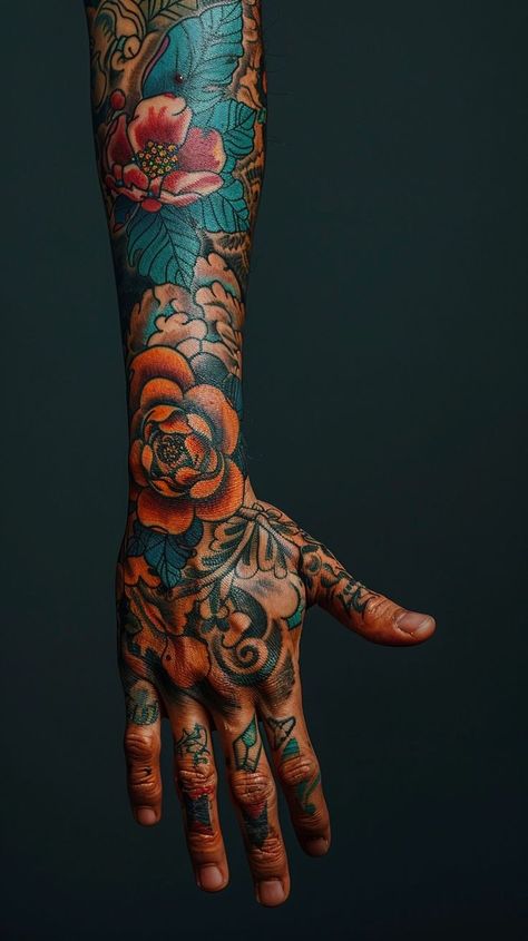 Vibrant orange flower arm tattoo with lush greenery and intricate floral patterns Orange Flower Tattoo, Sleeve Japanese Tattoo, Asian Style Tattoos, Floral Arm Sleeve, Japanese Inspired Tattoos, Greenery Tattoo, Coloured Tattoos, Blackout Sleeve, Irezumi Sleeve