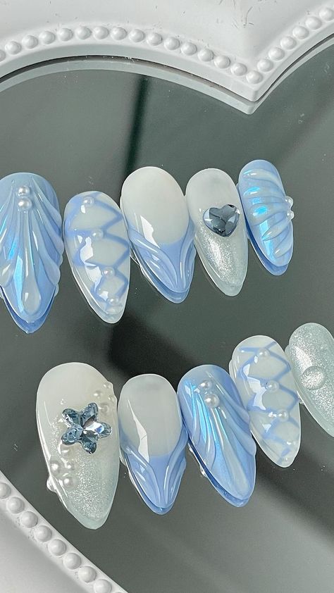 NEW 🌊 Aquamarine Set ~ can’t stop looking at how gorgeous this set is 😭 Custom Sized premium press ons, how could you say no #presson… | Instagram Short Asian Nail Design, Futuristic Nail Art Designs, Blue Aesthetic Nails Almond, Iridescent Nails Blue, Advanced Nail Art, Nails With Texture, Blue Coquette Nails, Cinderella Nail Art, Blue Mermaid Nails