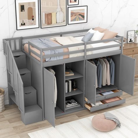 Loft Bed Nugget, Bed With Wardrobe, Loft Bed Frame, Twin Size Loft Bed, Low Loft Beds, Twin Loft Bed, Bed Shelves, Efficient Storage, Kids Beds