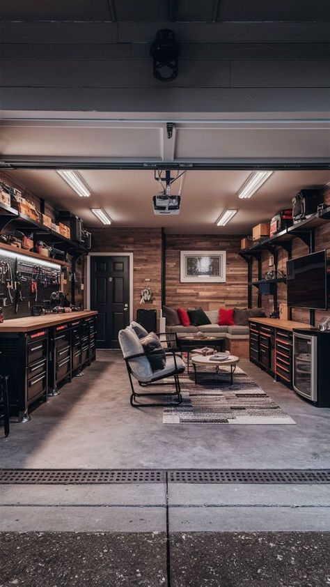 Back Garage Ideas, Garage And Man Cave Combo, Chic Garage Ideas, Rustic Garage Ideas Interior, Garage House Ideas Living Spaces, Garage Mens Cave Ideas, Garage Cave Man Ideas, Couch In Garage, Garage Bar Decor Ideas