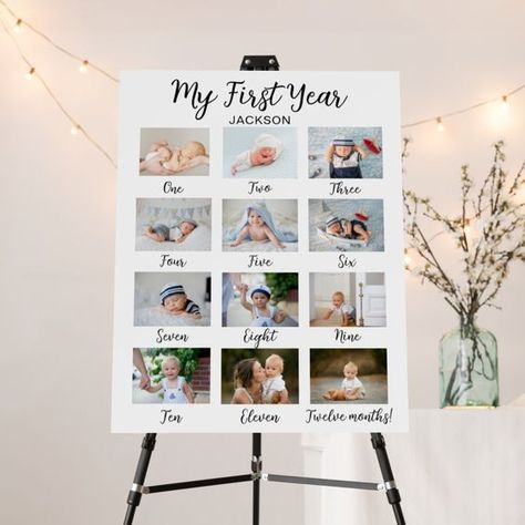 My First Year White Baby Photo Collage Foam Board | Zazzle Milestone Photo Display, Baby Photo Collage Ideas, 1st Birthday Simple, Photo Collage Ideas, Baby Photo Collages, Wedding Photo Collage, Bday Decor, One Year Pictures, Baby's 1st Birthday