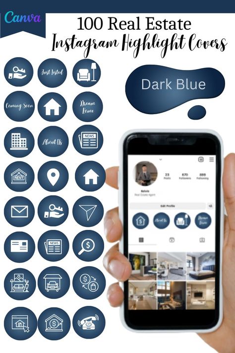 Are you searching for product that can boost your engagement to the followers? You can use this Instagram highlight covers to look more cohesive and can attract followers to your brand. This 100 Real Estate Instagram Highlight Story Covers will save your time and can reduce your stress to making more content! What's included? -39 Icons -61 Texts -Format: Free Canva online tool -Size: 1080x1920 px Dark Blue Instagram Highlight Covers, Real Estate Instagram Highlight Covers, Blue Instagram Highlight Covers, Highlight Story, Blue Instagram, Real Estate Instagram, Instagram Highlight Covers, Blue Dream, Highlight Covers