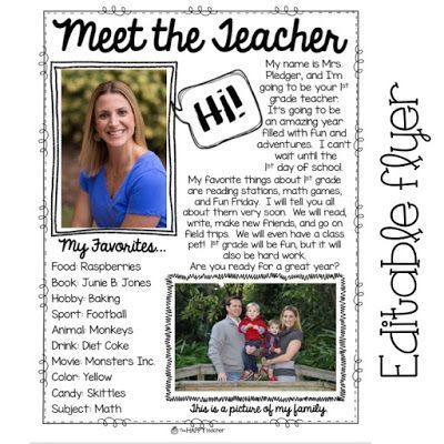 Meet the Teacher editable flyer- Great way to introduce yourself to your new students and families All About The Teacher, Meet The Teacher Letter, Teacher Newsletter Template, Back To School Flyer, Student Information Sheet, Hand Photos, Teacher Letter, Curriculum Night, Meet The Teacher Night