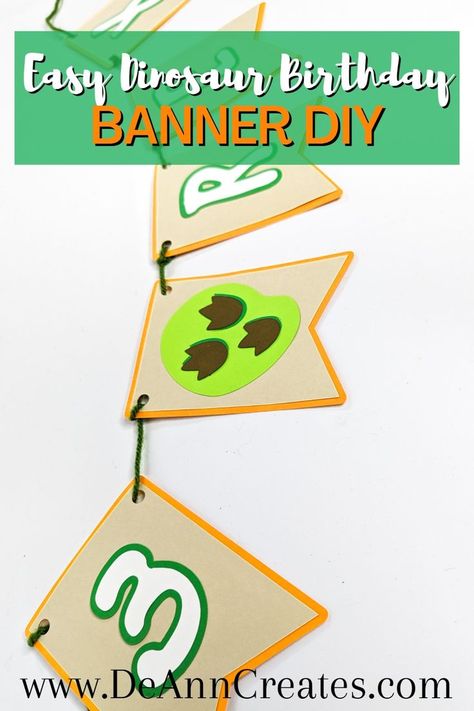 This pin shows a 3-Rex dinosaur birthday banner.  The pennants are tan with an orange border and the letters are white with a green border. Birthday Banner Diy, Diy Banners, Kids Birthday Crafts, Christmas Tree Paper Craft, Cricut Banner, Jurassic World T Rex, Fall Paper Crafts, Diy Dinosaur, Party On A Budget